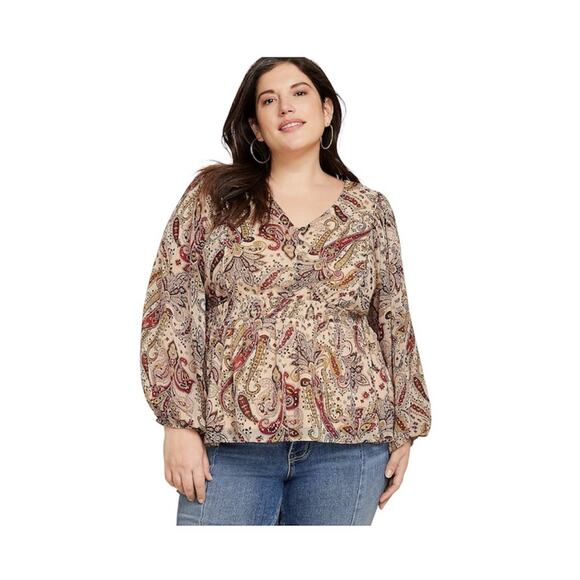 NWT Plus Size Paisley Smocked Peplum Blouse Peasant Top Fall Boho Top Size XXL - Picture 1 of 8